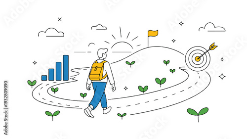 A minimalist line art illustration of a journey or growth path. In the center, a figure wearing blue pants and a yellow backpack walks along a winding dotted path (4)_traced