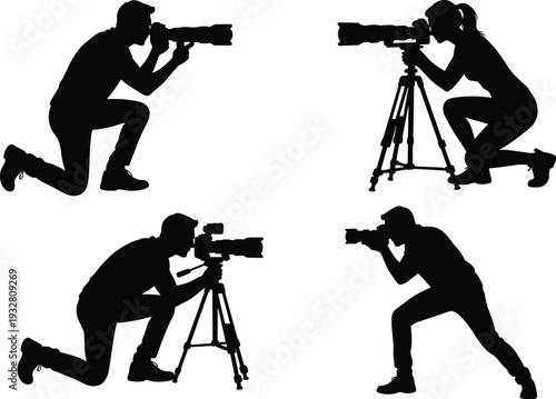 Photographer silhouette set with professional camera and tripod, male and female photography poses collection, creative media vector illustration isolated on white background
