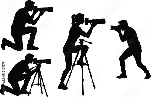 Photographer silhouette vector set with professional camera and tripod, male and female photo shooting poses isolated on white background