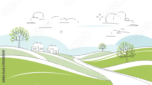 A minimalist line art illustration of a serene countryside landscape (1)_traced