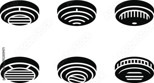 Smoke detector silhouette vector set, fire alarm sensor device icons for home safety and security isolated on white background