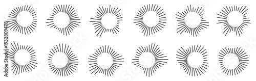 Sunburst rays collection. Radial line elements forming circular decorative frames. Minimal black shapes isolated on white