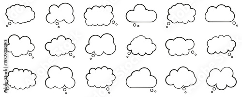 Speech bubbles outline collection. Set of cloud shaped thought frames in black line style. Isolated on white background