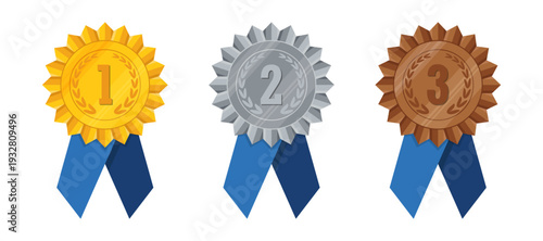 Award medal set. Gold silver and bronze rosette badges with ribbon. Isolated ranking symbols for competition winners