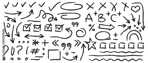 Hand drawn doodle symbol set. Sketch arrows check marks and abstract signs. Black ink elements isolated on white