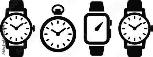 Watch and pocket watch silhouette vector set, classic analog and smart wristwatch icons collection isolated on white background