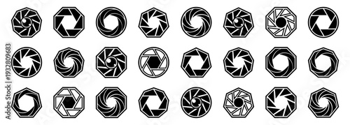 Camera shutter icon collection. Aperture symbols in round and polygon shapes. Black solid photography elements isolated on white