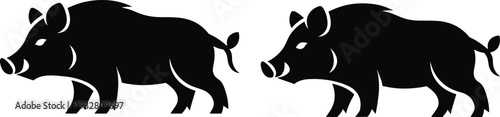 Wild boar silhouette set, feral pig animal icons isolated in black vector illustration on white background