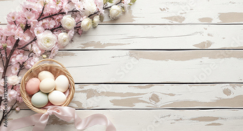 Cestino con uova pastello e fiori di ciliegio su sfondo di legno bianco. Generative AI 
