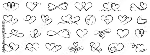 Line art heart collection. Elegant romantic symbols in minimal outline style. Decorative love elements isolated on white background