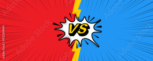 Comic versus background banner. Split red and blue rays with central VS text. Dynamic pop art battle composition