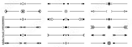 Minimal divider line collection. Decorative horizontal separators with geometric and floral accents. Black outline elements isolated on white