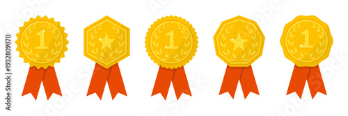 Golden award medal collection. First place badges with ribbon elements. Realistic winner symbols isolated on white background
