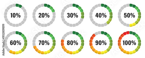 Circular progress indicator collection. Percentage loading rings from ten to one hundred. Color segmented dashboard elements isolated on white