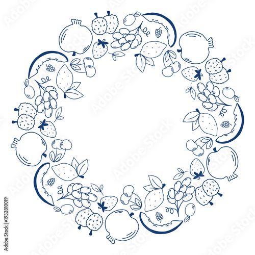 Round fruit hand drawn frame. Pomegranate, lychee, lemon, strawberry, plum, cherry and grape fruits in circle. Fillable form. Vector graphics of healthy organic food