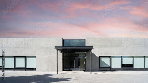 Wallpaper Mural Building modern concrete with glass entrance and pink sky background featuring architecture, contemporary, exterior with facade and minimalist Torontodigital.ca