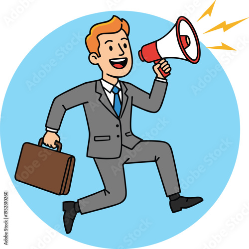 Cartoon businessman running with megaphone and briefcase, marketing announcement and promotion concept, energetic corporate character vector illustration isolated background