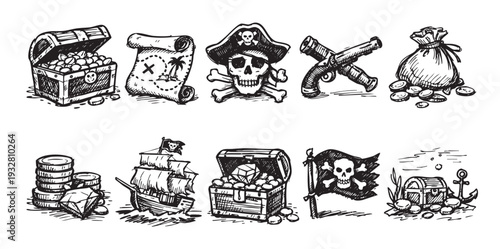 Black and white illustration featuring a collection of pirate elements: treasure chest, skull, map, ship, coins and weapons; ideal for nautical designs.