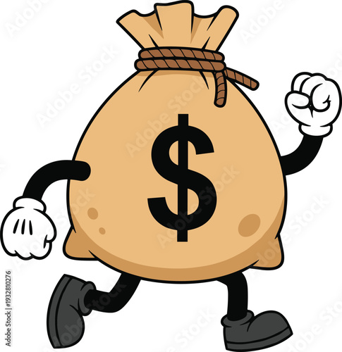 Cartoon money bag mascot with dollar sign, running cash character illustration for finance, investment, banking and profit business concept design