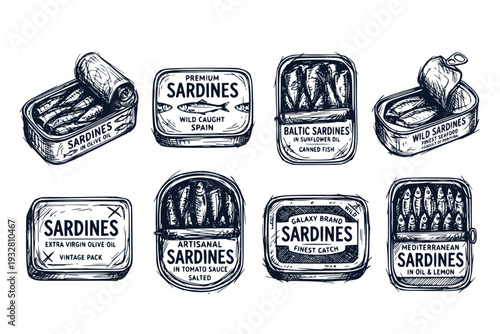 Canned Sardines Seafood Tins Hand Drawn Vintage Sketch Open Metal Boxes Small Fish Rustic Ink Style Set