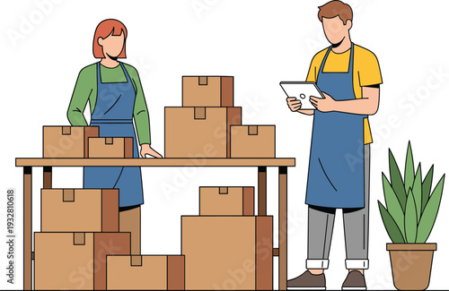 Small business owners packing parcels in workshop, ecommerce shipping and delivery preparation concept, flat vector illustration of retail startup teamwork scene