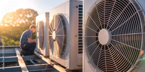 Technician Servicing Industrial HVAC Air Conditioning Units on Rooftop, Maintenance and Climate Control System Concept