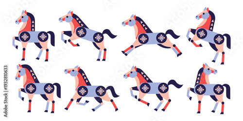 Set of blue and red folk art decorative horses in various poses. Traditional ethnic style equine with geometric pattern on white background. Vector illustration