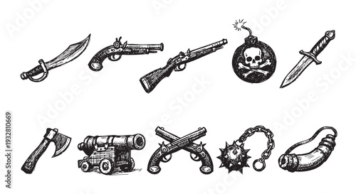 Hand-drawn pirate weapon collection featuring swords, guns, bomb, and other pirate tools, drawn in black on a clean white background, suitable for themes such as adventure, history, or game.