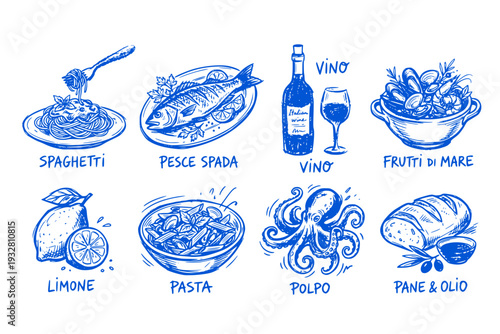 Crayon Drawn Mediterranean Doodle Hand Drawn Summer Coastal Ink Line Sketch Pasta Seafood Wine Spaghetti Lemon Italian Food