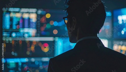 Cybersecurity Analyst Analyzing Data: A focused cybersecurity analyst meticulously monitors intricate data streams on a vast array of screens within a secure digital command center.