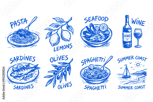 Crayon Drawn Mediterranean Doodle Hand Drawn Summer Coastal Ink Line Sketch Pasta Seafood Wine Spaghetti Lemon Italian Food