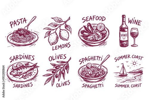 Crayon Drawn Mediterranean Doodle Hand Drawn Summer Coastal Ink Line Sketch Pasta Seafood Wine Spaghetti Lemon Italian Food