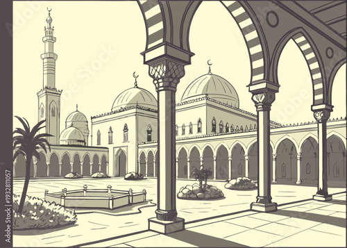 Historic building with arches and a clock tower in a courtyard setting isolated on transparent background, isolated on white background, Vector