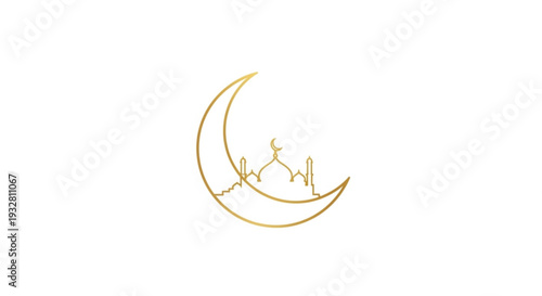 Golden crescent moon with mosque silhouette at night islamic symbol ramadan decoration crescent moon mosque golden night symbol decoration ramadan faith spirituality crescent moon