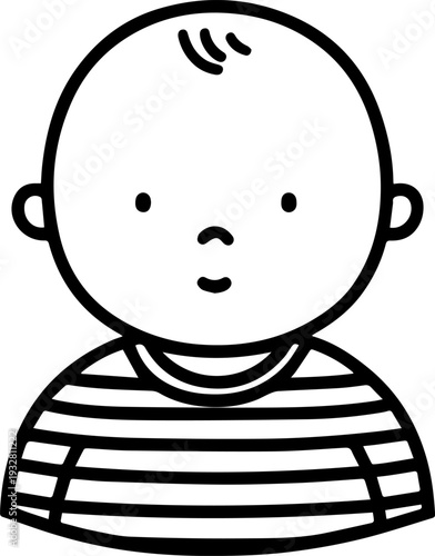 Simple black and white illustration of a happy cartoon boy smiling

