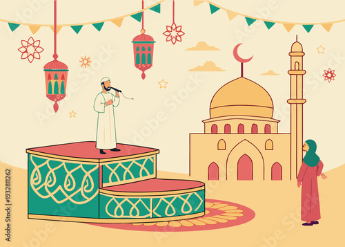 Colorful celebration with cakes, lanterns, and a mosque in the background isolated on transparent background, isolated on white background, Vector