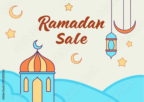Ramadan sale graphic featuring mosque, crescent moon, and star. isolated on transparent background, isolated on white background, Vector