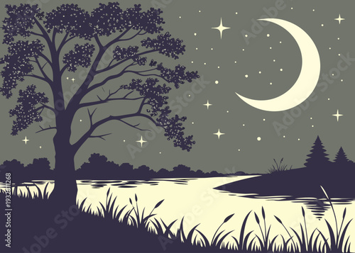 A serene night scene with a crescent moon and a single tree in a field isolated on transparent background, isolated on white background, Vector