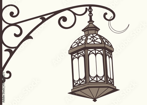 An ornate black lantern hanging from a decorative wrought iron bracket isolated on transparent background, isolated on white background, Vector