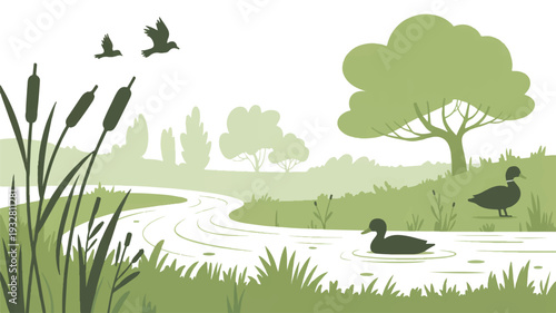 A minimalist nature illustration in soft green tones featuring a winding river with white water flowing through a peaceful landscape (1)_traced