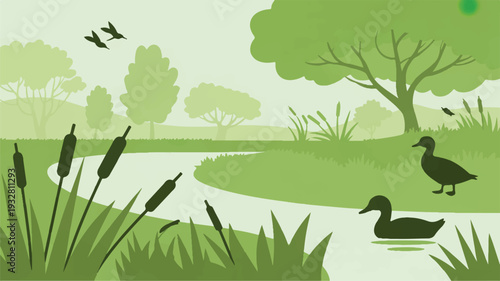 A minimalist nature illustration in soft green tones featuring a winding river with white water flowing through a peaceful landscape (2)_traced