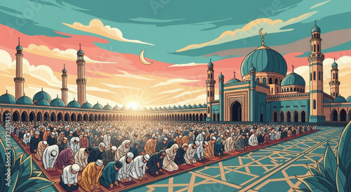 Large crowd of people praying in a mosque courtyard at sunset with blue domes and minarets