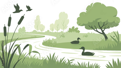 A minimalist nature illustration in soft green tones featuring a winding river with white water flowing through a peaceful landscape (4)_traced