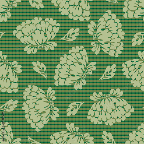 Warm green tossed damask style seamless floral pattern background. Beautiful hand drawn floral motifs on gingham backdrop. Elegant and rustic botanical repeat for millennial products
