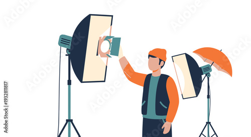 Photographer Adjusting Studio Lights for Professional Photo Shoot