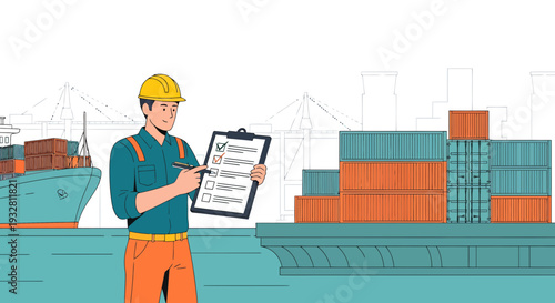 Maritime Worker Inspects Cargo Manifest on Clipboard with Ships and Containers