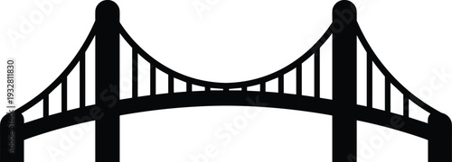 Black suspension bridge silhouette icon, modern transportation infrastructure symbol isolated on light background, minimalist architectural landmark design for travel, city, and construction themes