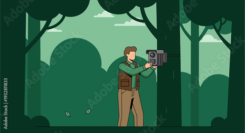 Ranger with Camera in Forest, Wildlife Monitoring, Nature Exploration