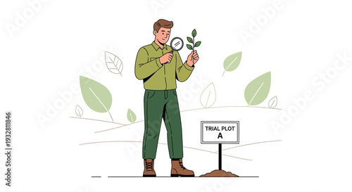 Scientist examining plant specimen in trial plot field, botanical research