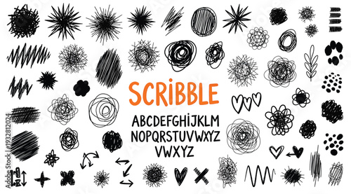 Black scribble alphabet and various doodle shapes isolated on white background with orange text
